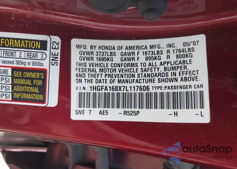 2007 Honda Civic Ex from USA, damaged, VIN 1HGFA168X7L117606